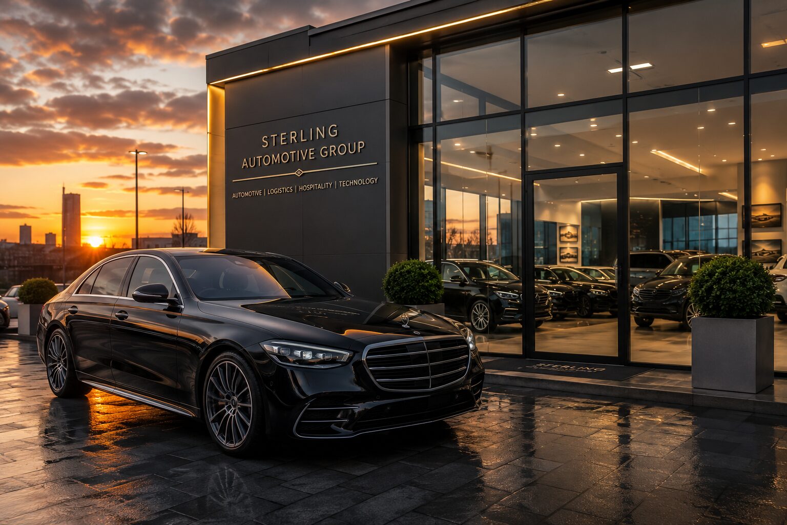 Sterling Automotive showroom at sunset
